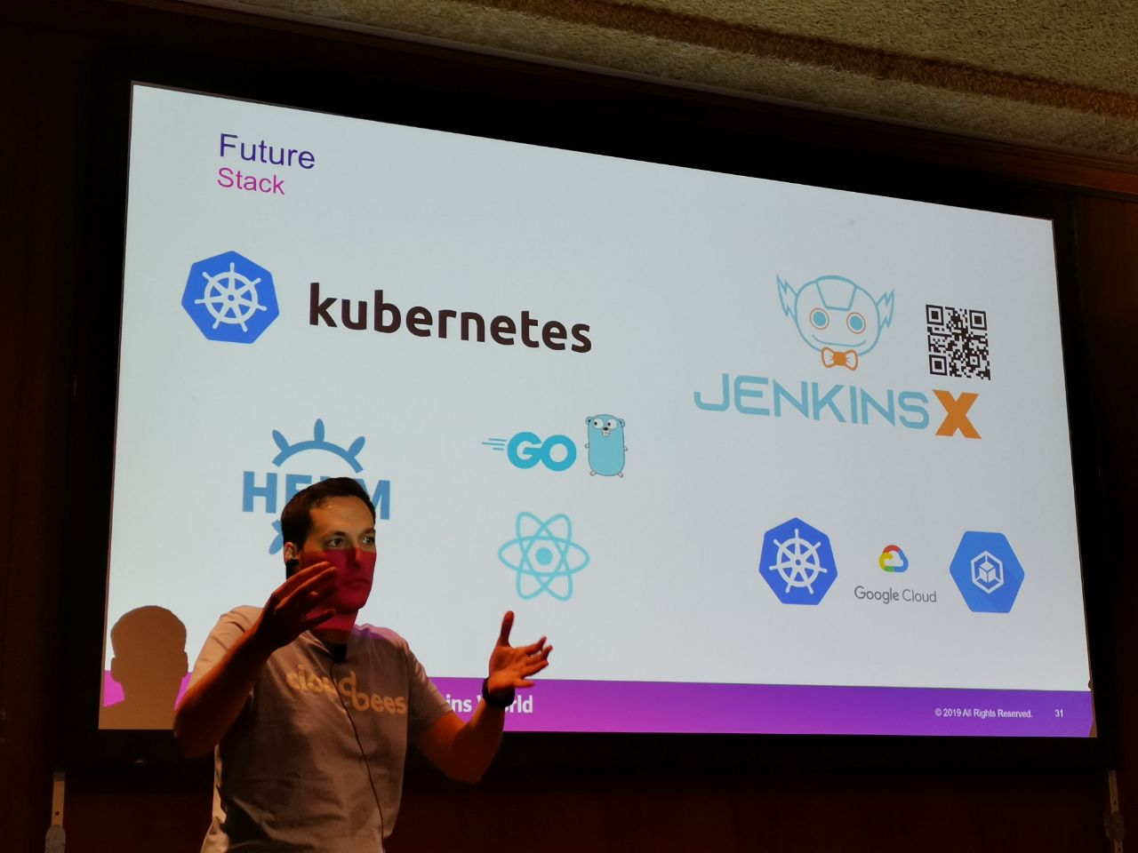 Picture taken during the presentation at DWJW 2019. I'm showing the tech stack of the new CloudBees' training platform